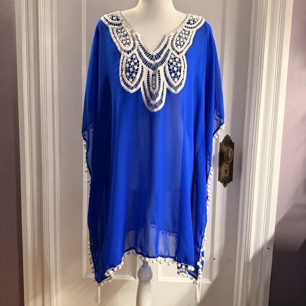 Club Z Collection Women's Royal Blue Kaftan Pom Pom Cover Up Size M
